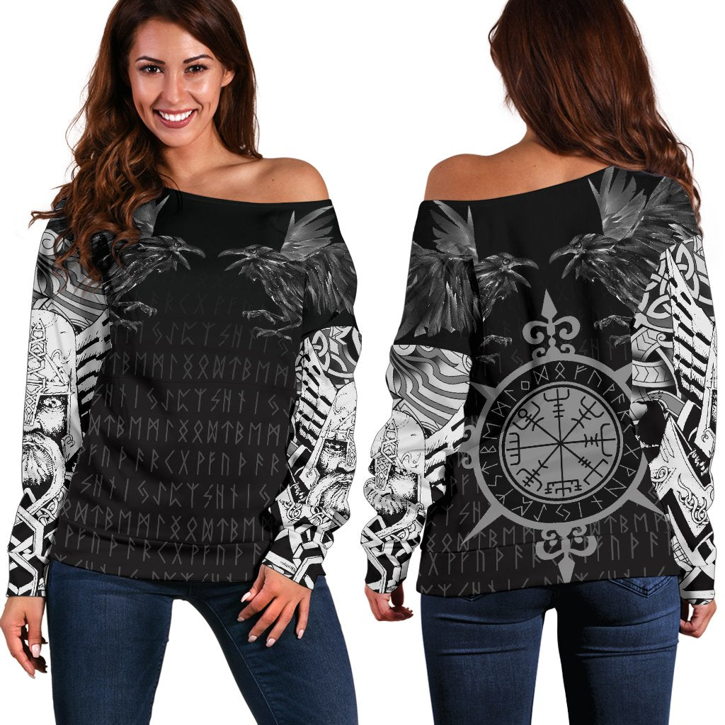 Viking Women's Off Shoulder Sweater - Odin Huginn and Muninn Rune RLT12 - Wonder Print Shop