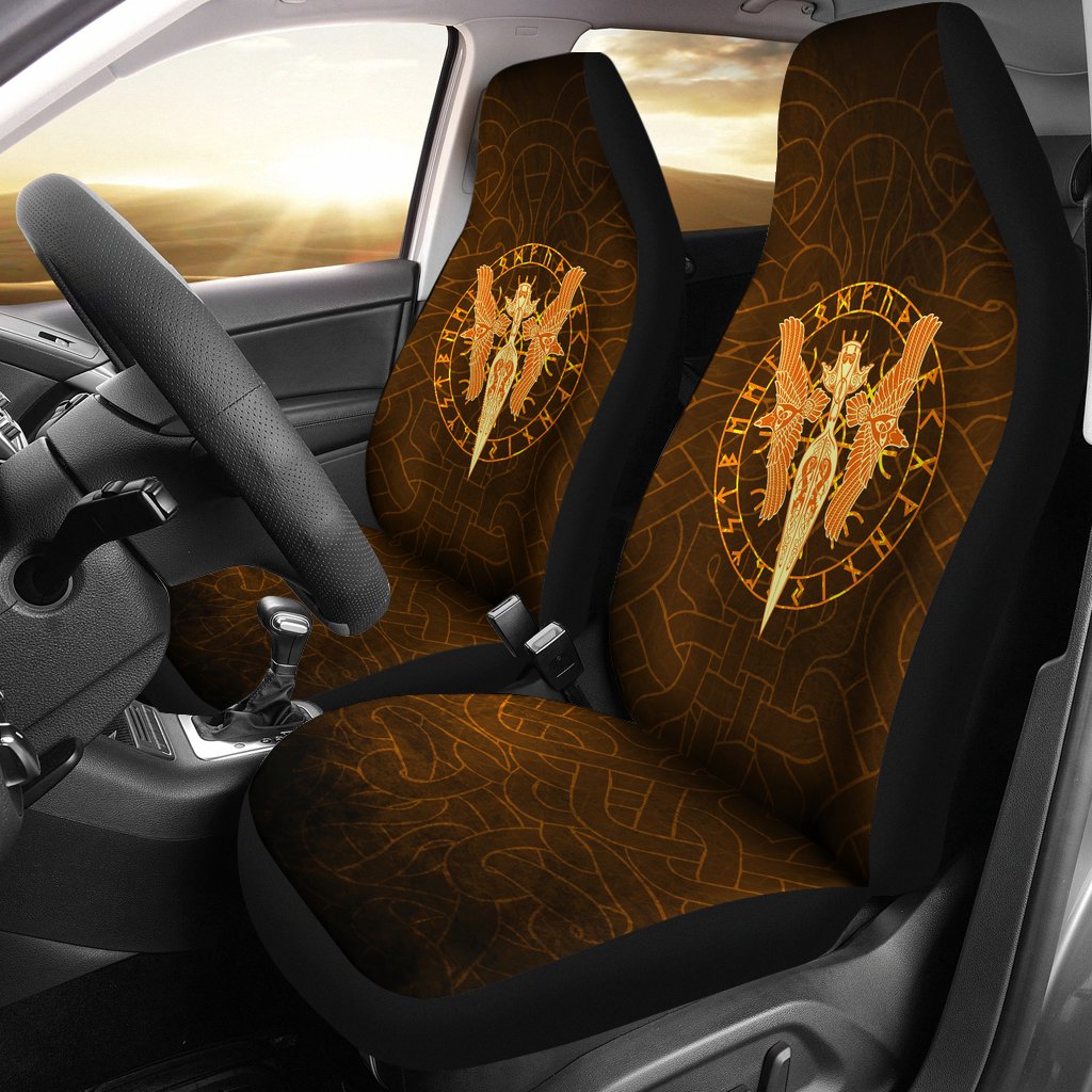 Viking Car Seat Covers Gold Spear Of The God Odin Gungnir and Two Gold Ravens RLT12 - Wonder Print Shop