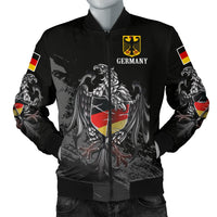 Black Germany bomber jacket front view with eagle crest graphic, ribbed hem and zip