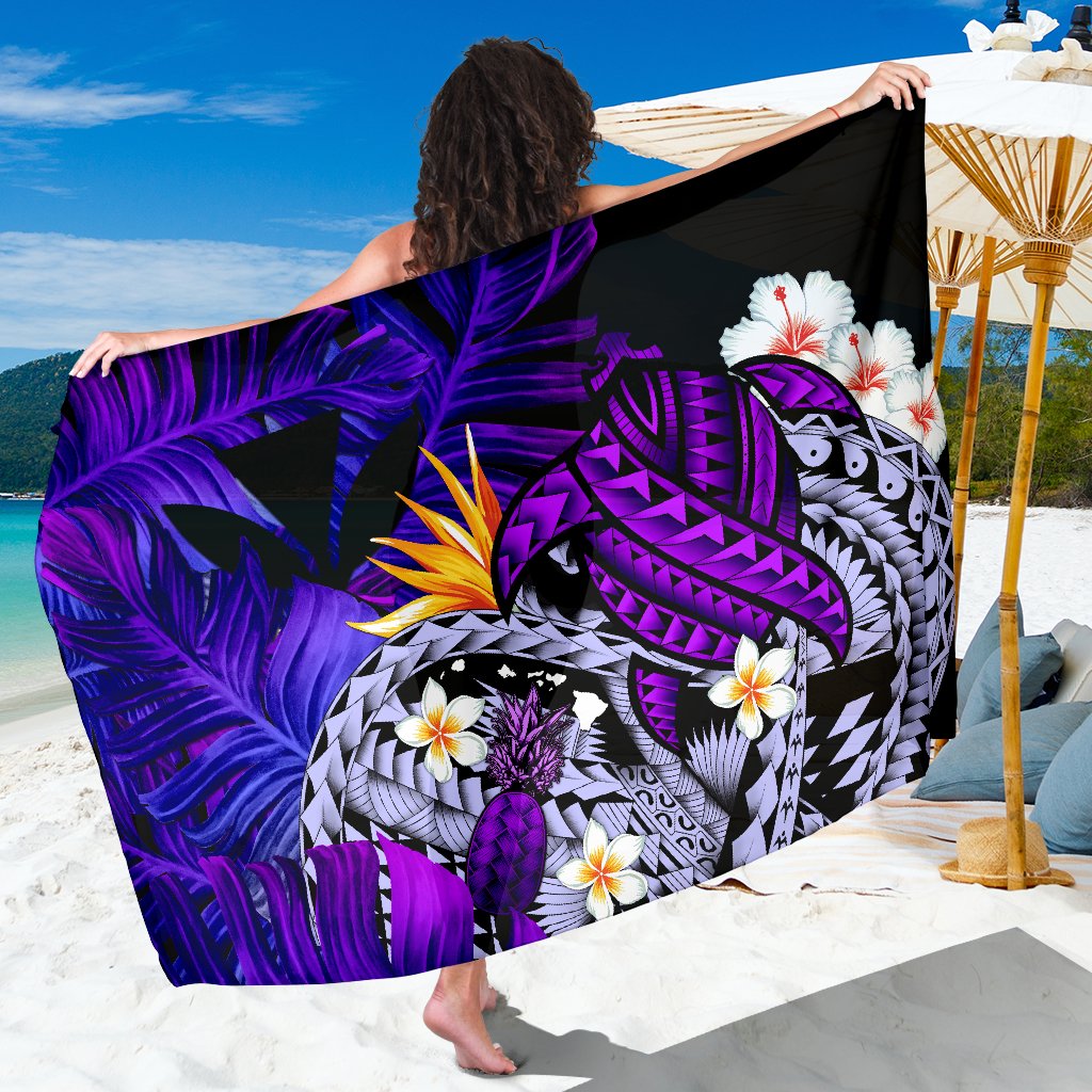 Purple Hawaiian sarong with turtle, pineapple and banana leaf print, white flowers, black trim