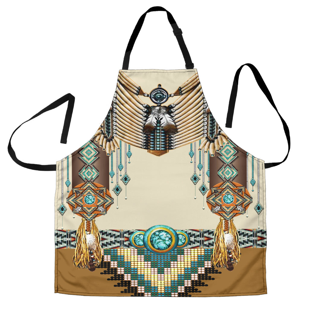 Brown Native American breastplate apron with turquoise oval center and dangling tassels