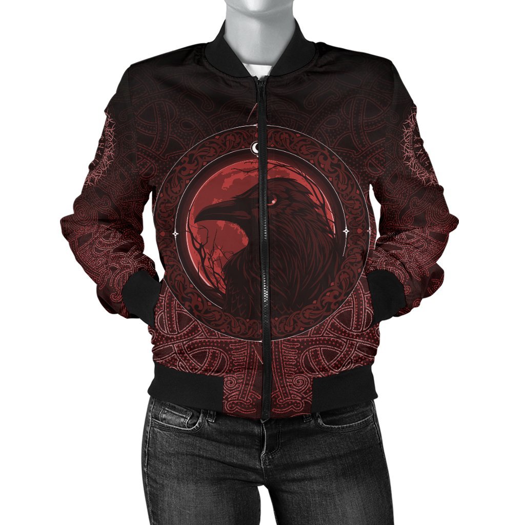 Viking Women's Bomber Jacket, Ethnic Odin Raven Red RLT12 - Wonder Print Shop