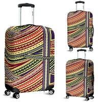 10 luggage cover, dark base with red green Polynesian stripe pattern; wheels and handle exposed
