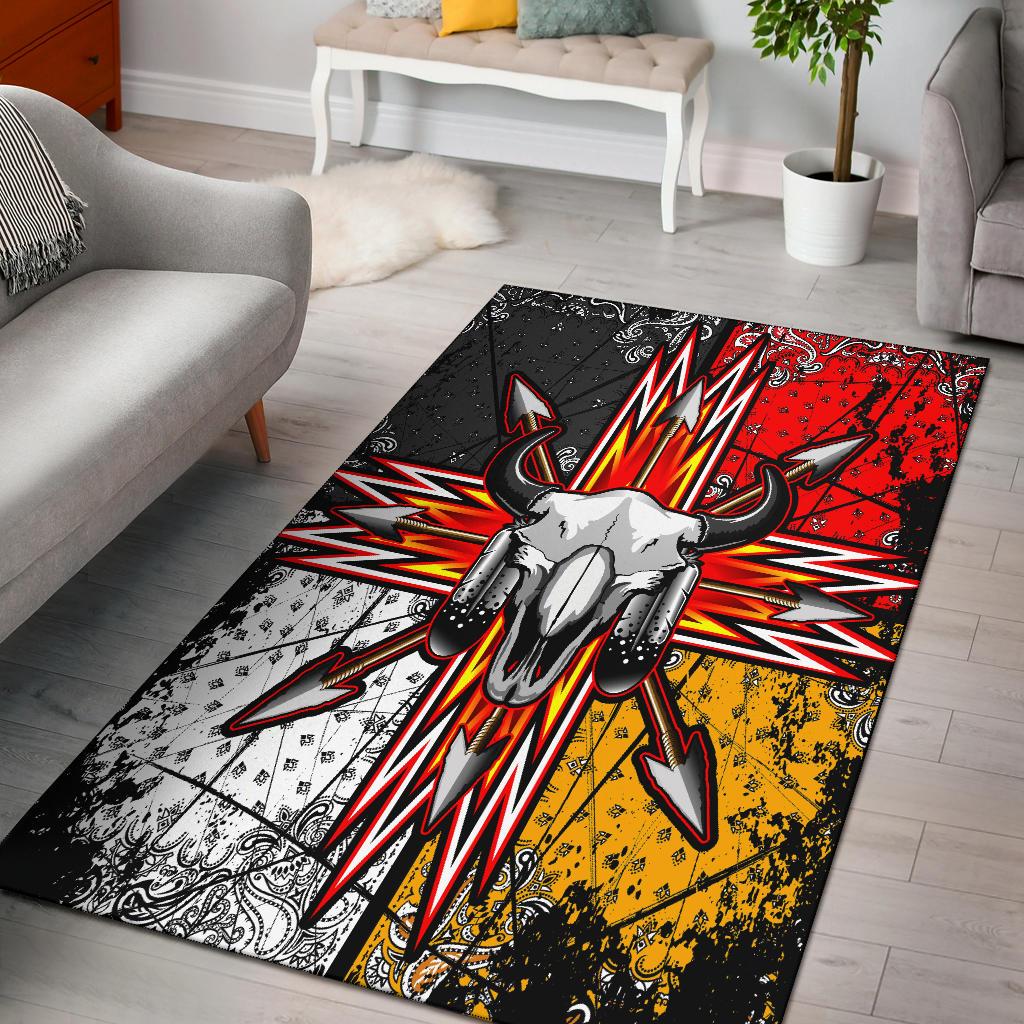 Area rug with bison skull center, arrow bursts, multicolor Native Pride graphic