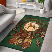 Green Native American horse pride area rug with circular dreamcatcher motif, multicolor feathers