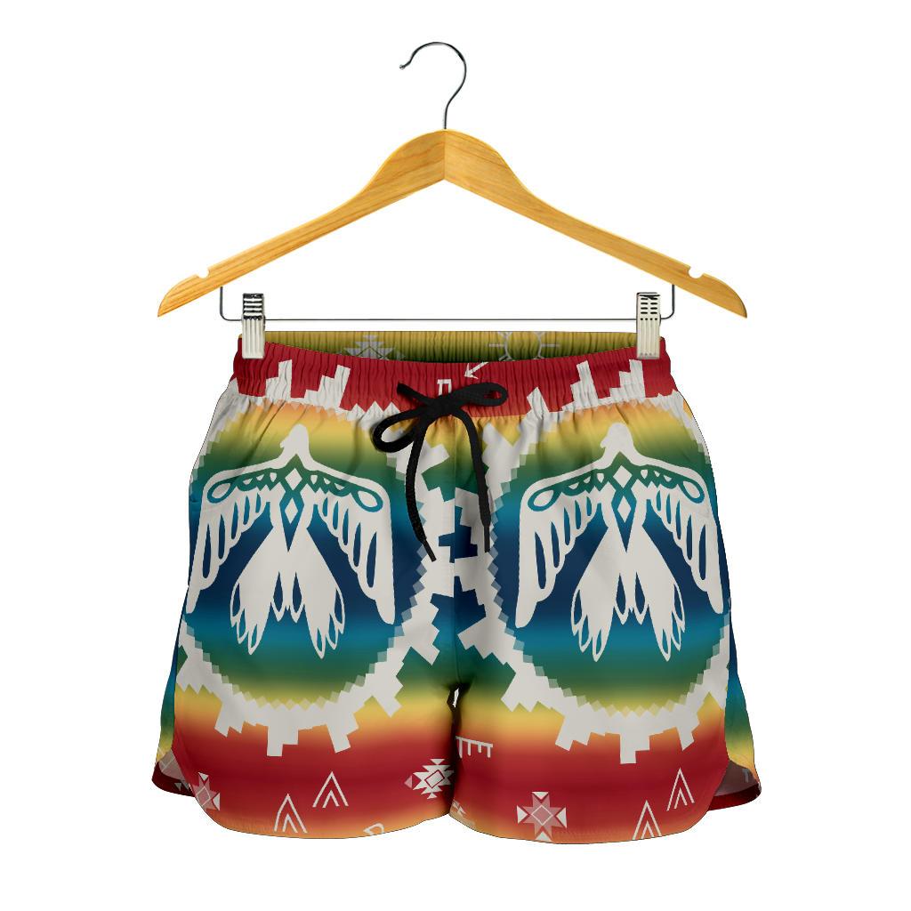 Women’s all-over printed shorts with red elastic waistband, black drawstring, multicolor motif.