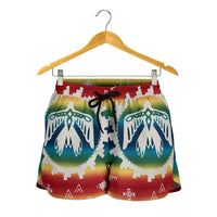 Women’s all-over printed shorts with red elastic waistband, black drawstring, multicolor motif.