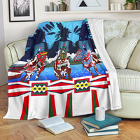 Horse costume blanket: blue navy scene with three horses, striped red/white/green border