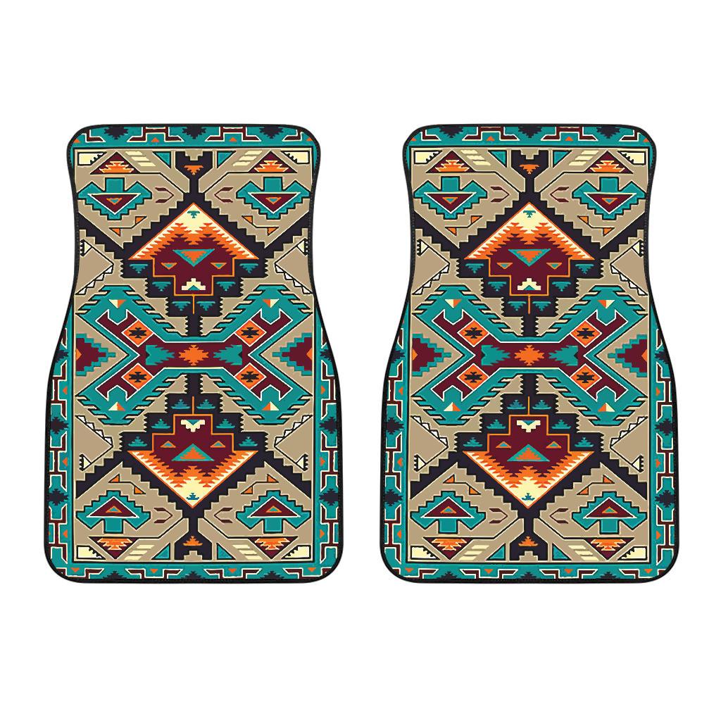 Pair of front car mats with teal, tan, orange Native American geometric pattern