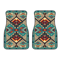 Pair of front car mats with teal, tan, orange Native American geometric pattern