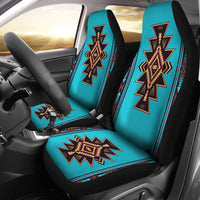 Western car seat cover LT10 pair with turquoise fabric and tribal cross pattern, black edges