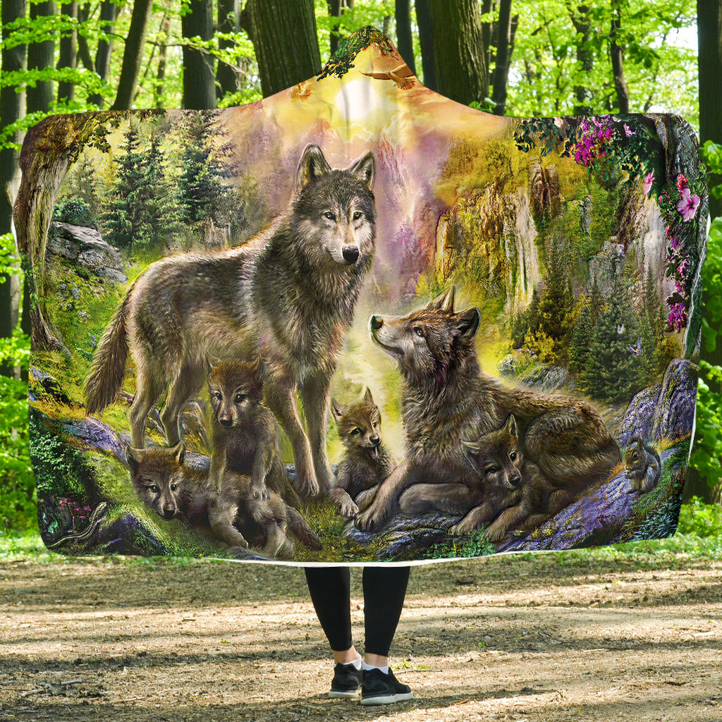 Hooded wolf family blanket with multicolor spring forest scene, wolves on front panel