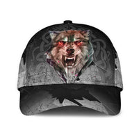 Black and grey cap with roaring wolf face graphic on front panel