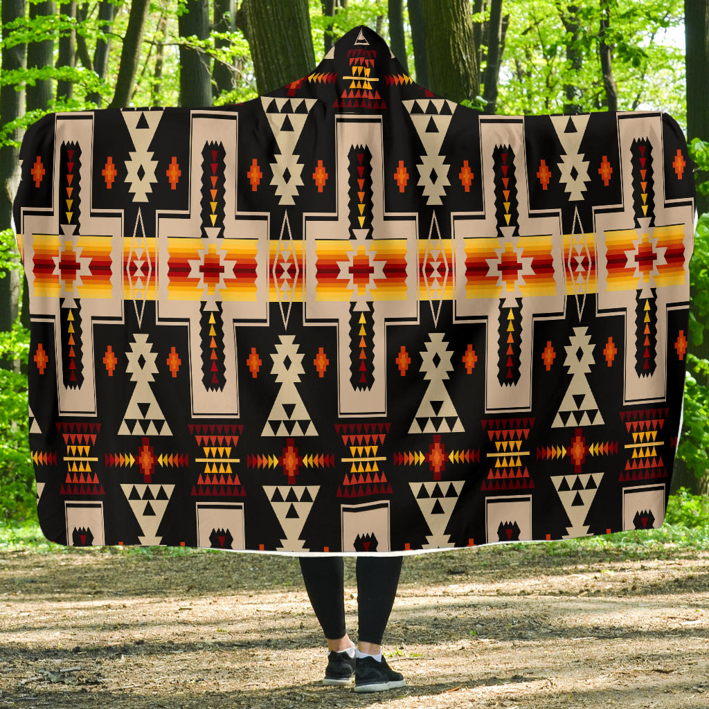 Hooded blanket black geometric multicolor pattern, Adult 80x60