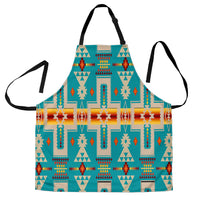 Turquoise Native-style print apron with black neck and waist ties, rectangular pocket panel