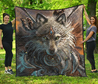 Multicolor Native American style quilt with detailed wolf face and turquoise accents
