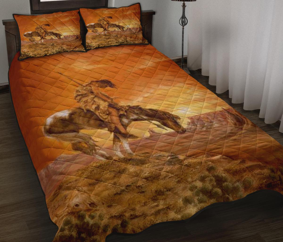 Native American quilt bed set with orange diamond quilt and large animal panel, 2 shams
