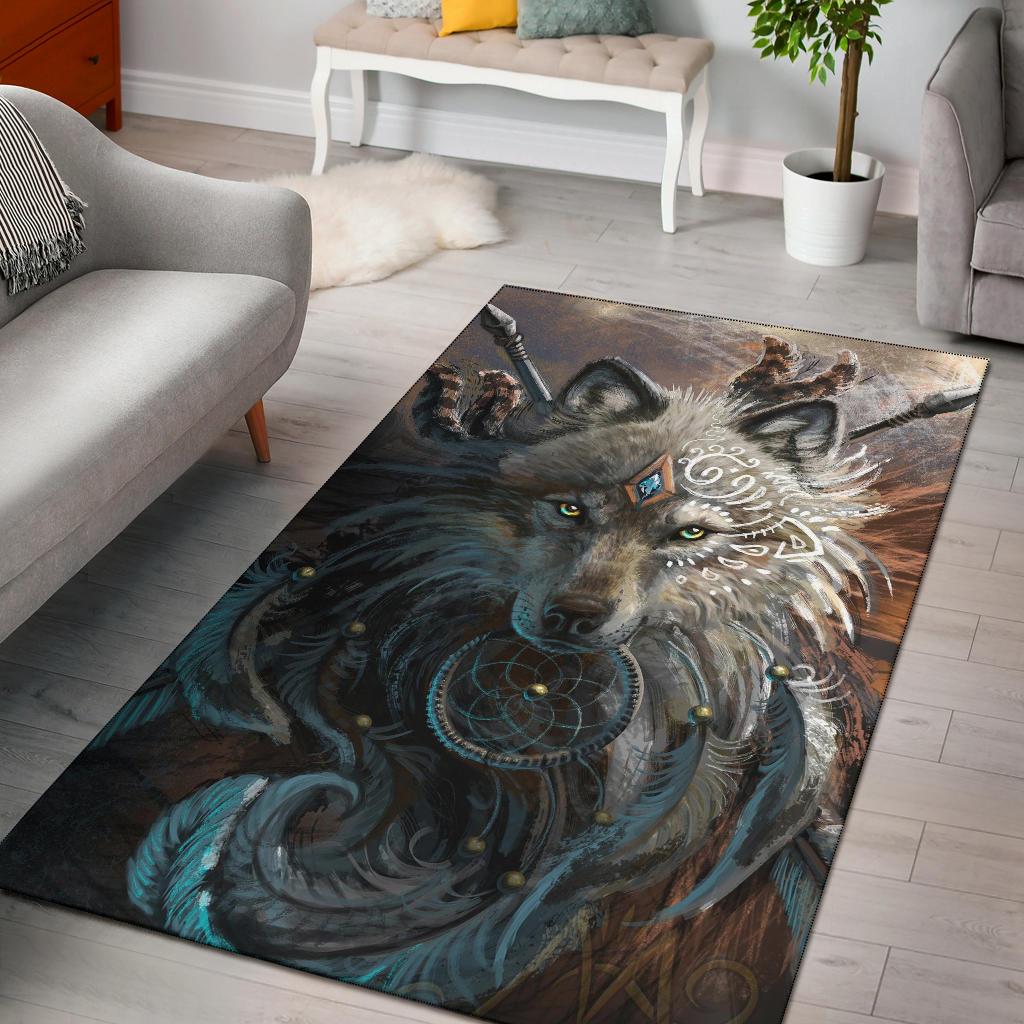 Multicolor wolf-themed area rug with teal swirl details and arrow accents
