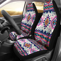 Car seat cover set with multicolor Native American geometric pattern and black edging