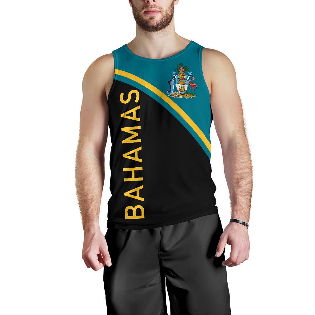 Bahamas men's tank top with teal & black diagonal stripe and Bahamas crest