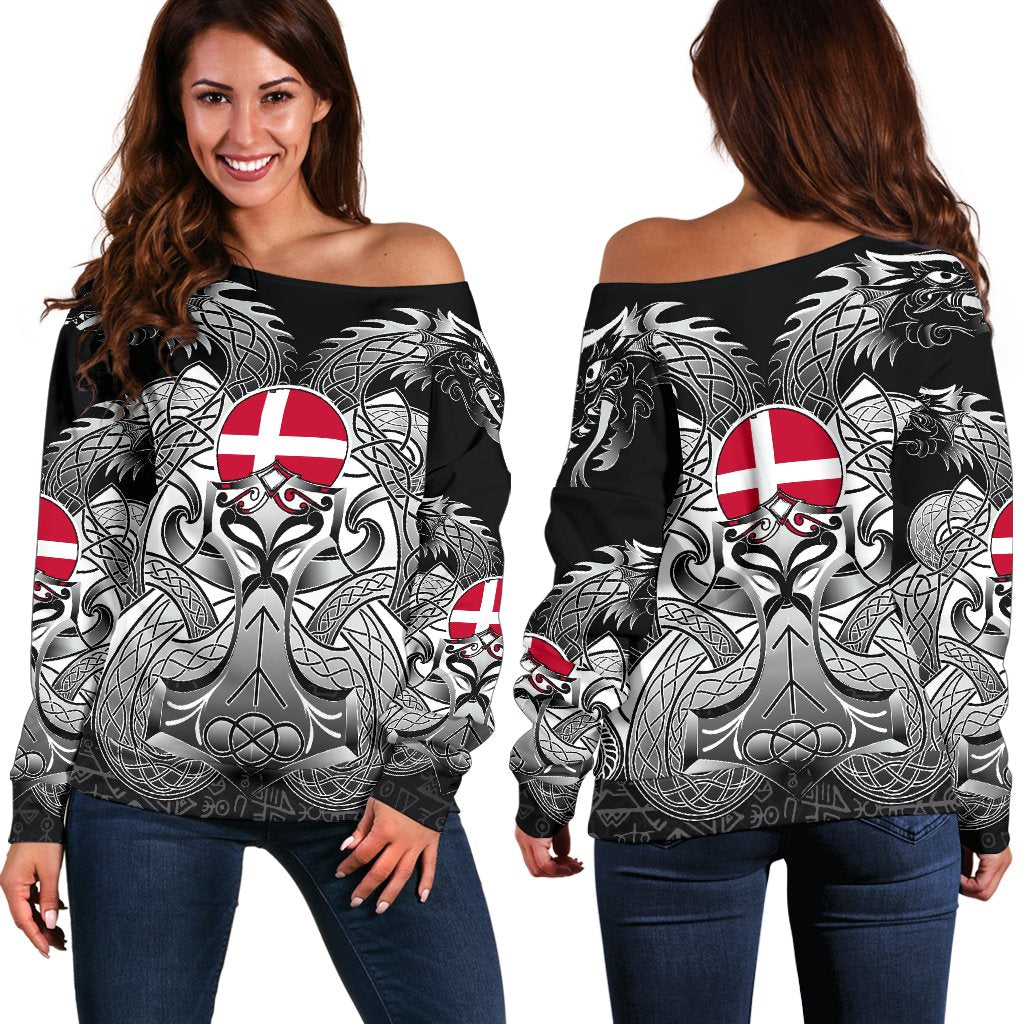 Viking Women's Off Shoulder Sweater - Denmark Mjolnir and Double Dragon RLT12 - Wonder Print Shop