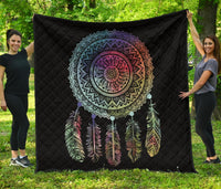 Black quilt with multicolor mandala dreamcatcher and feather graphic, diamond-stitch pattern