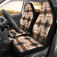 Car seat covers with colorful retro tribal pattern, beige fabric and black side panels