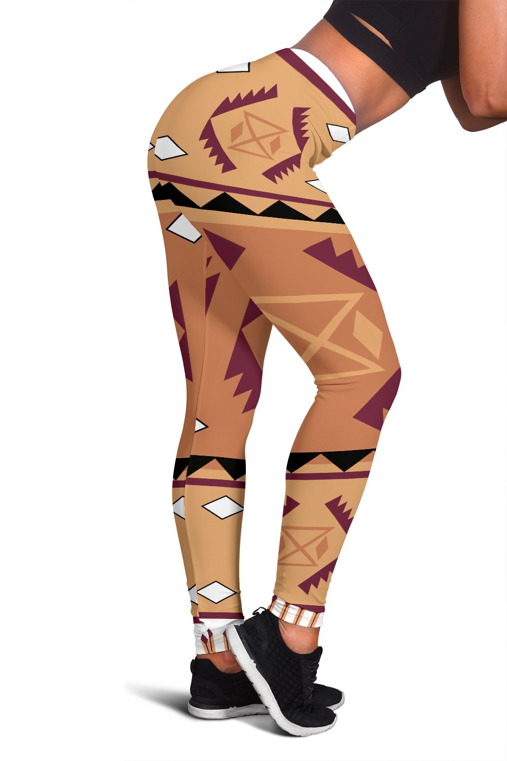 Native American style leggings with geometric aztec pattern, purple and tan tones