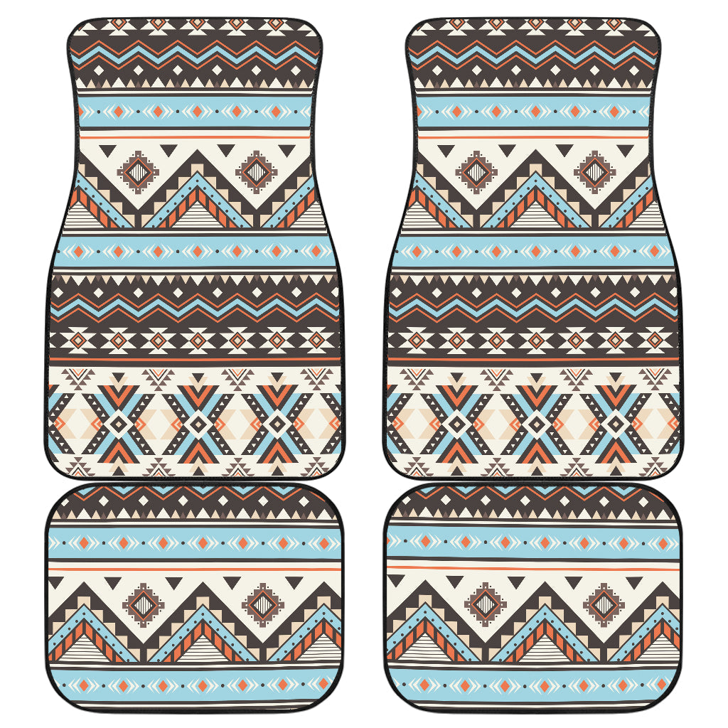 Tribal striped car mat set with multicolor geometric pattern and rounded border (2 shown)