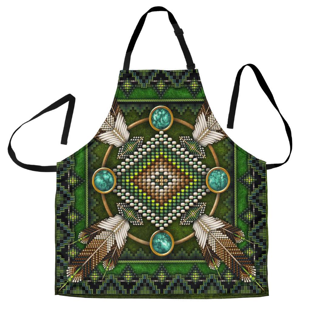 Green Native American style apron with mandala beaded pattern, turquoise medallions