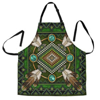 Green Native American style apron with mandala beaded pattern, turquoise medallions