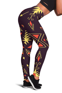 Dark purple leggings with multicolor feather-and-arrow geometric print, full length