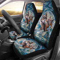 Wolf car seat covers with blue wolf portraits and feathers, multicolor set for two seats