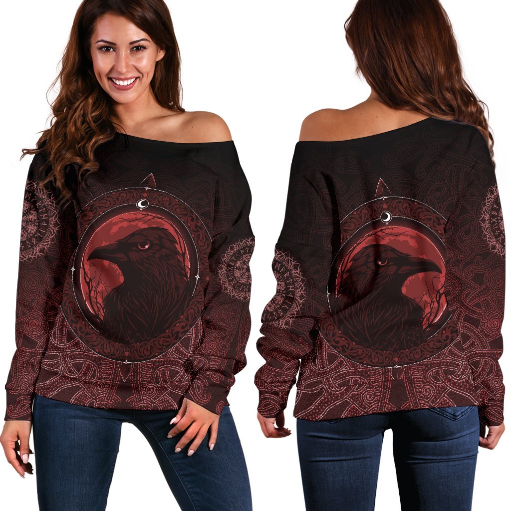 Viking Women's Off Shoulder Sweater, Ethnic Odin Raven Red RLT12 - Wonder Print Shop