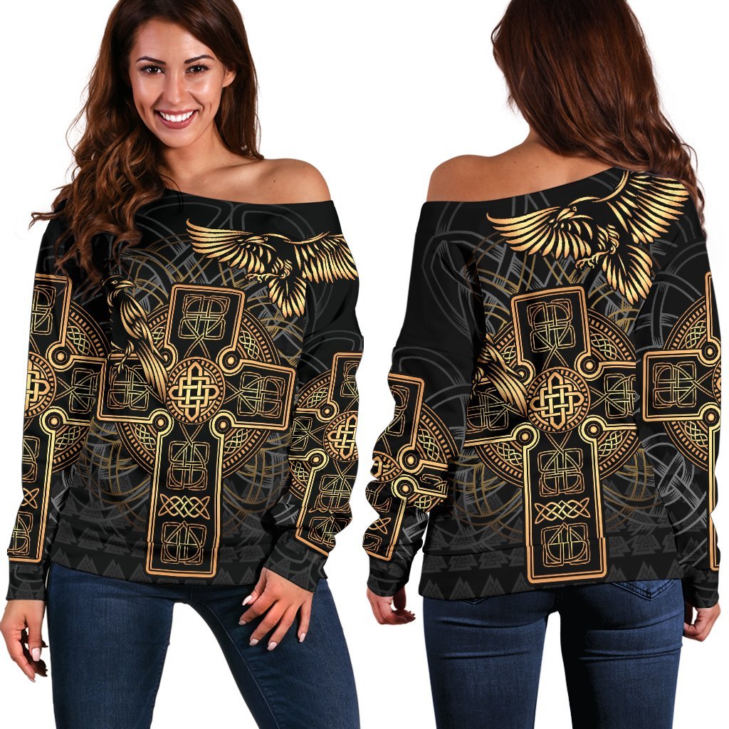 Viking Women's Off Shoulder Sweater - Odin's Celtic Raven Tattoo RLT12 - Wonder Print Shop