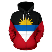 Black zip hoodie with flag print, front view, hood and zipper