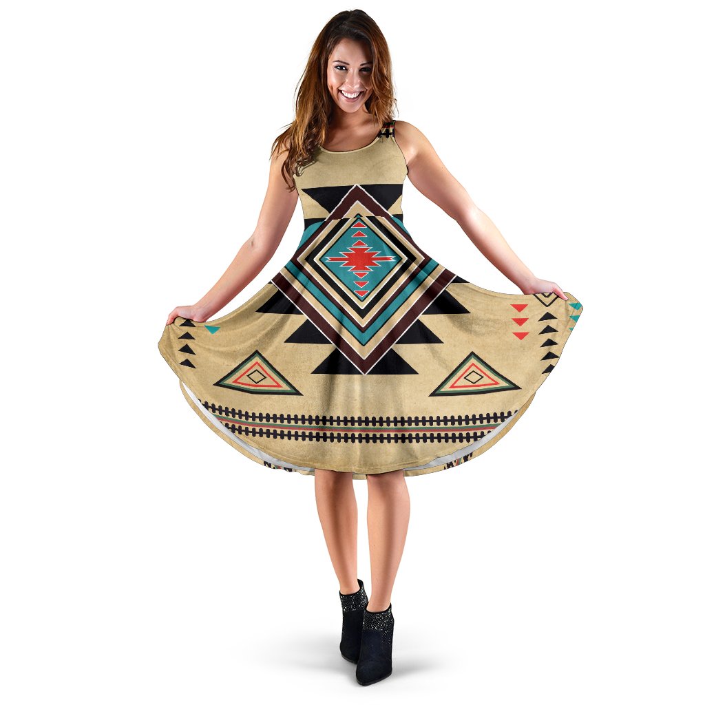 Tan sleeveless A-line dress with bold southwest diamond graphic, colorful trim