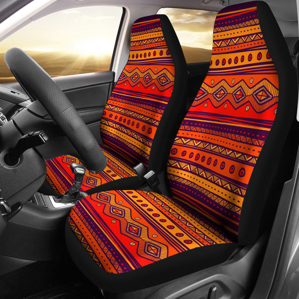 Car seat covers with orange tribal stripe pattern, full front seats with black edges