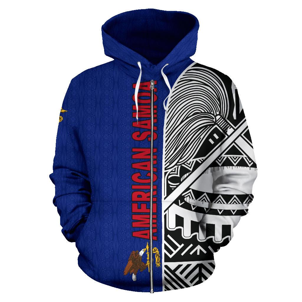 Zip Hoodie blau mit Kapuze, Frontreißverschluss und rotem „AMERICAN SAMOA“-Schriftzug