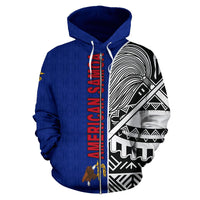 Zip Hoodie blau mit Kapuze, Frontreißverschluss und rotem „AMERICAN SAMOA“-Schriftzug