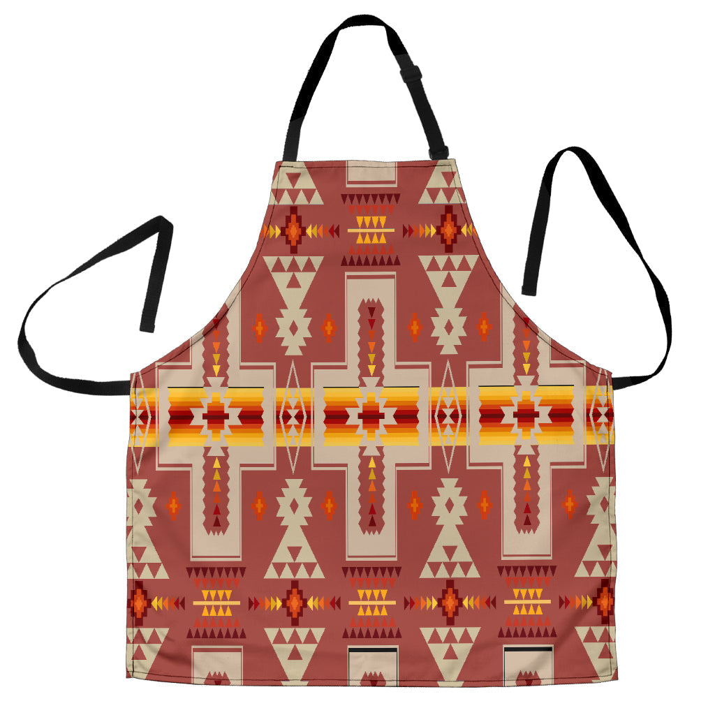 Tan Tribe-style Native American apron, rust red with geometric pattern and black neck straps