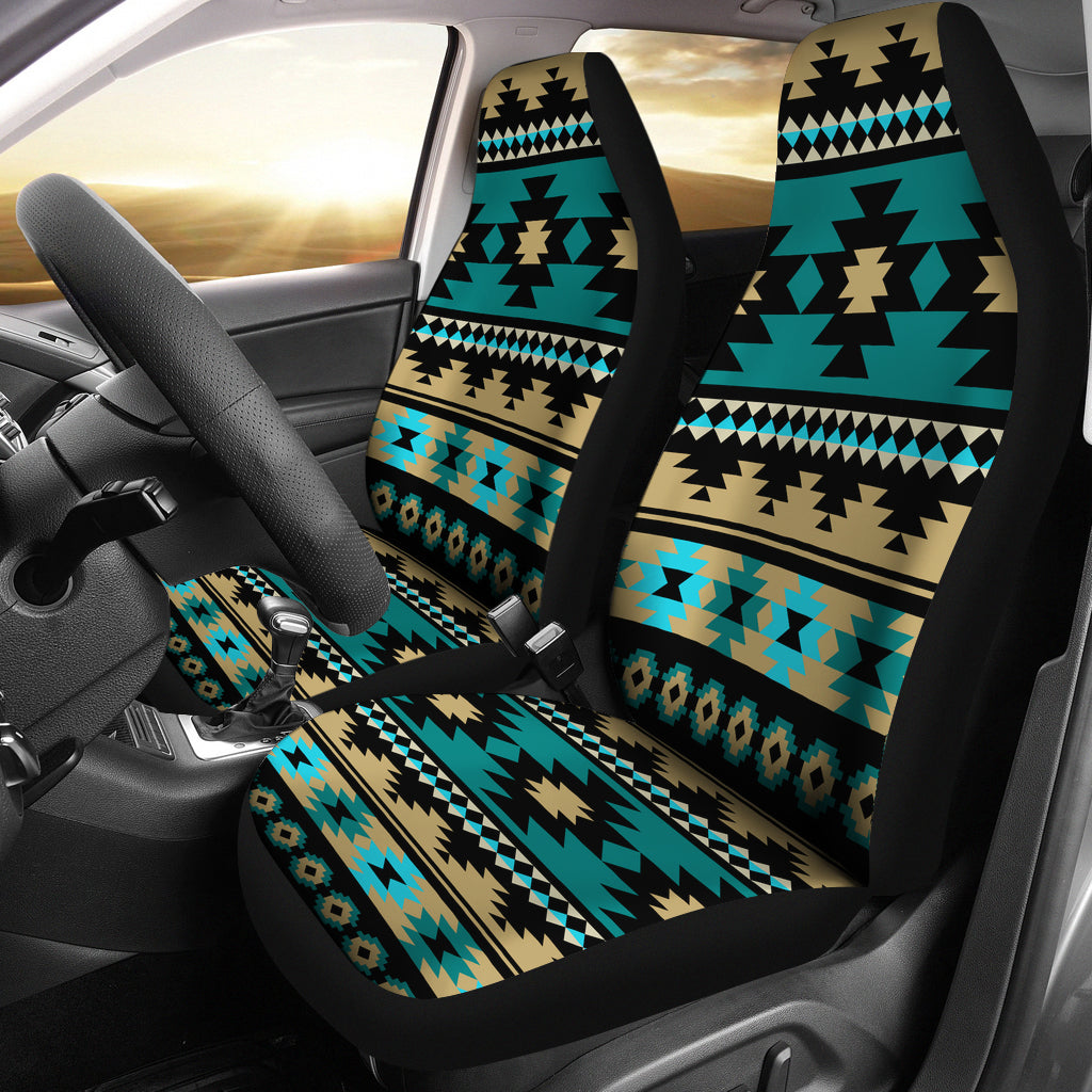 Aztec-pattern car seat covers, teal and tan with black trim, front seats