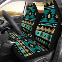 Aztec-pattern car seat covers, teal and tan with black trim, front seats
