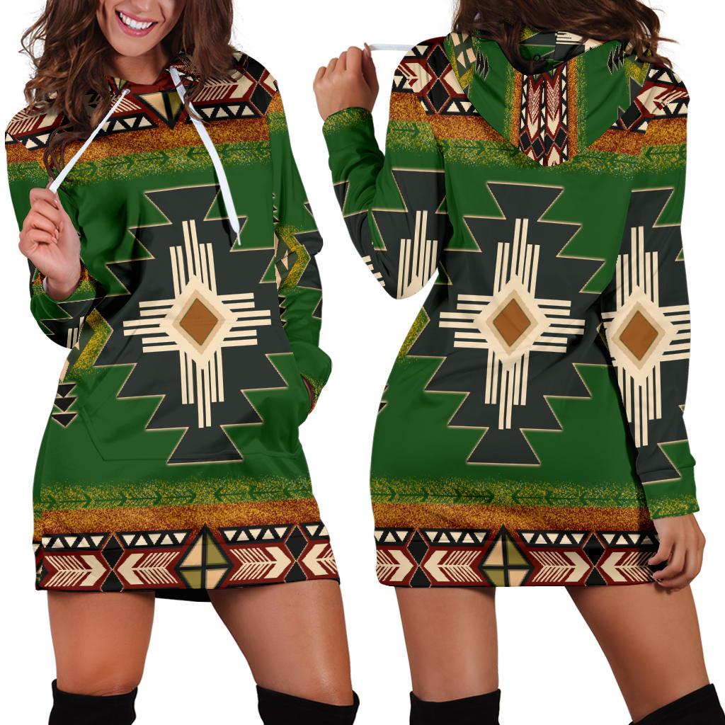 Green hoodie dress with geometric tribal print, hood and white drawstring ties