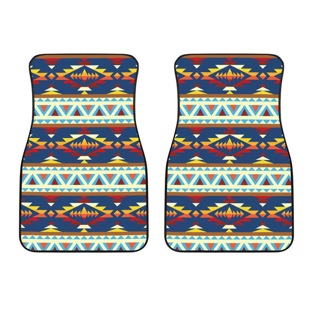 Pair of front car mats with multicolor Native American geometric tribal pattern on blue