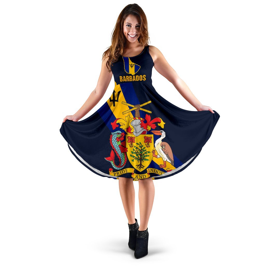 Barbados Special Flag women's dress, dark blue sleeveless with Barbados crest print