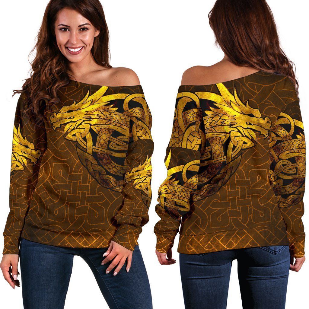 Viking Women's Off Shoulder Sweater - Celtic Dragon Tattoo RLT12 - Wonder Print Shop