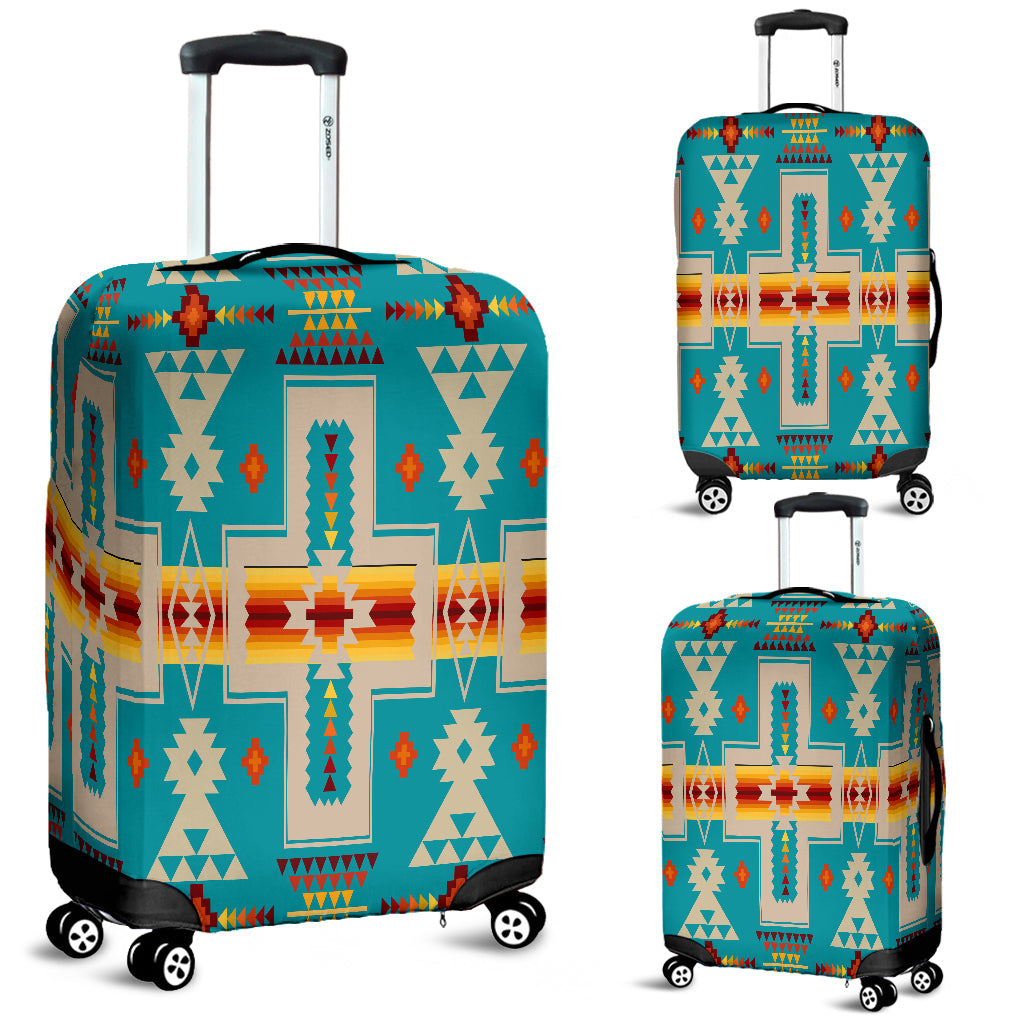 Teal luggage cover with colorful Native-style geometric cross and arrow patterns, zips at back