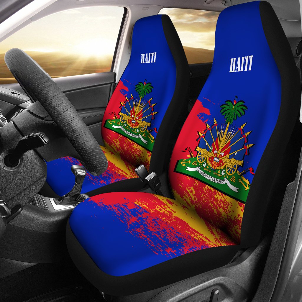 Haiti themed car seat covers, blue backs with red/green graphic and HAITI text