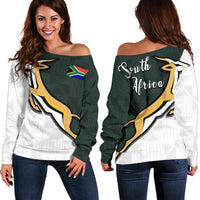 Women’s off-shoulder sweater, dark green/white, “South Africa” back text and Springbok emblem